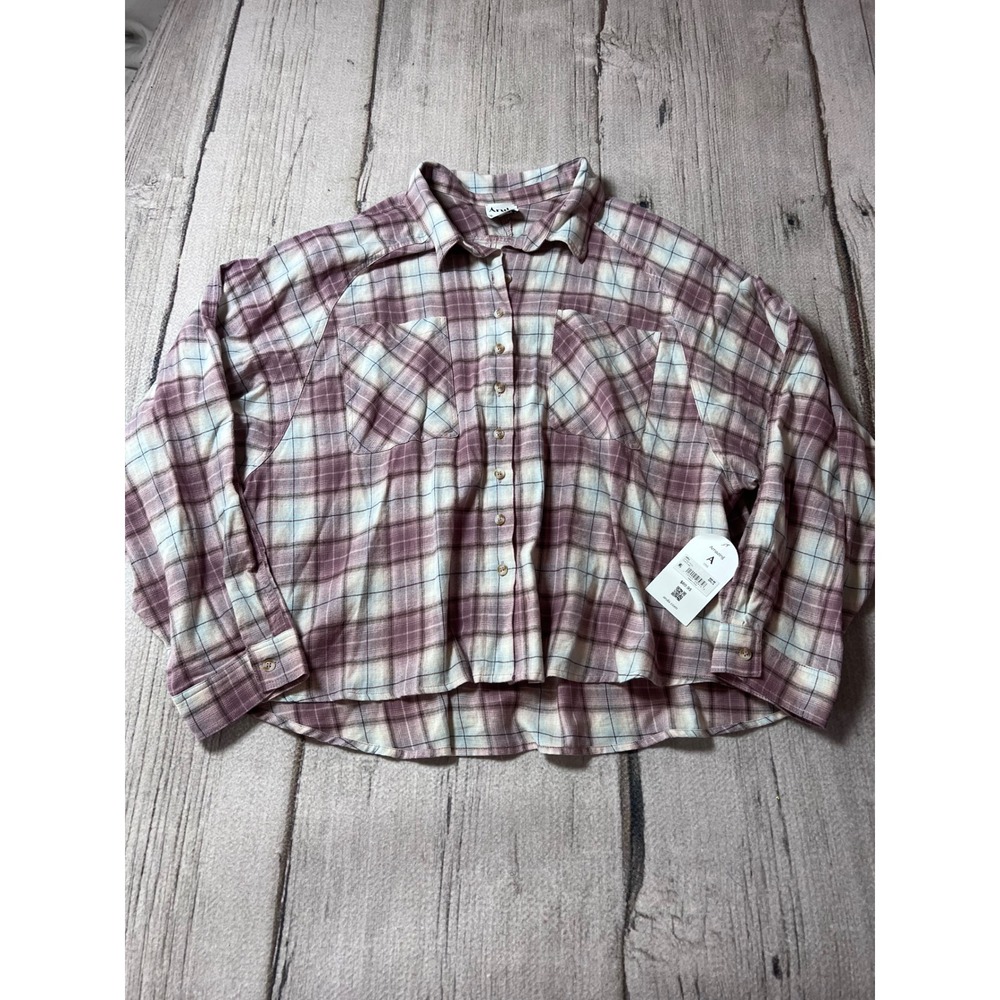 Arula Plaid Button Down Shirt Women 1X Pink Cropped Long Sleeve MTP9317P-AU